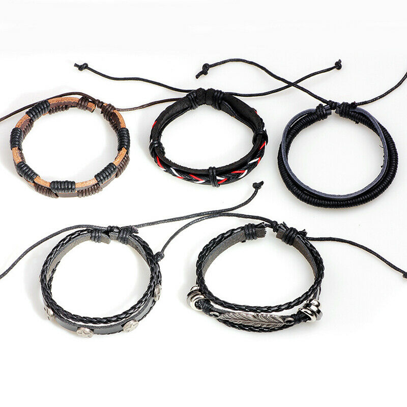 5pcs Multilayer Leather Leaf Owl Bracelet Men Women Wristband Bangle Cuff New HN