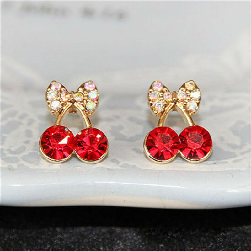Women's Sweet Charm Crystal Cherry Bowknot Stud Earrings Rhinestone Earrin.l8