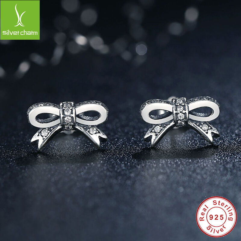 925 Sterling Sparkling Bow Stud Earrings With Clear CZ For Women Fashion Jewelry