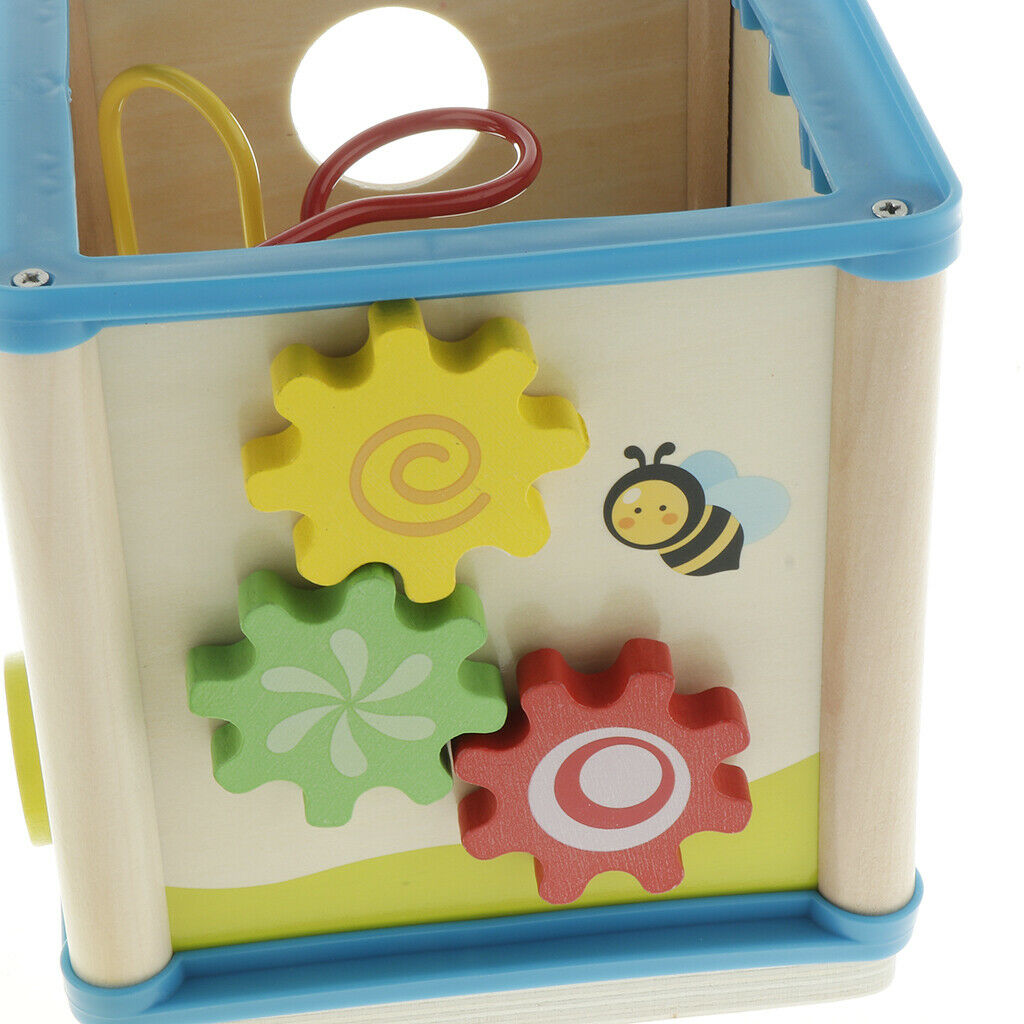 Wooden 5-Sided Activity Center with Beads Mazes, Gears, Shape Sorter Blocks,