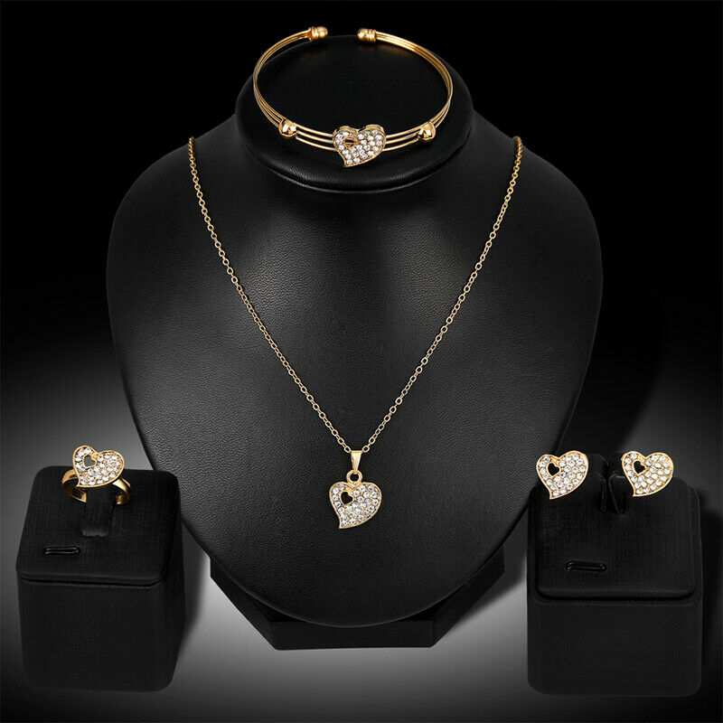 Fashion Jewelry Sets Crystal Heart Necklace Bangle Ring Earrings Wedding .l8