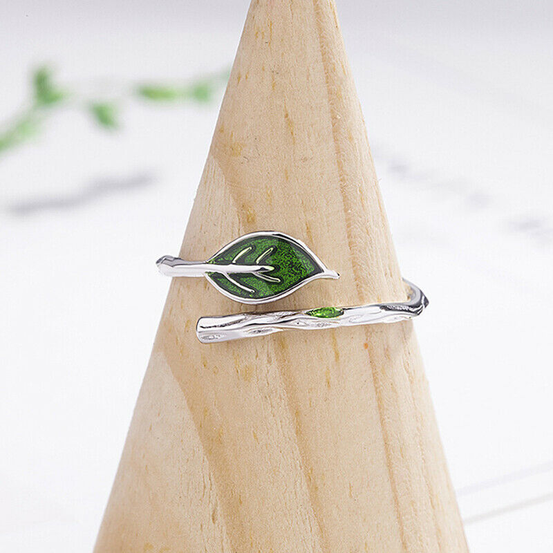 art small fresh branch green leaf ring Creative simple opening adjustable.l8