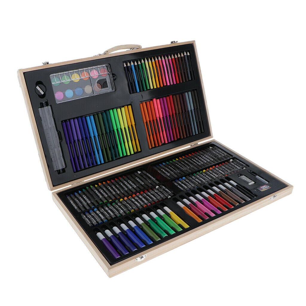 180Pcs Art Set in Wooden Case with Color Pencils, Oil Pastels, Watercolor Cakes,
