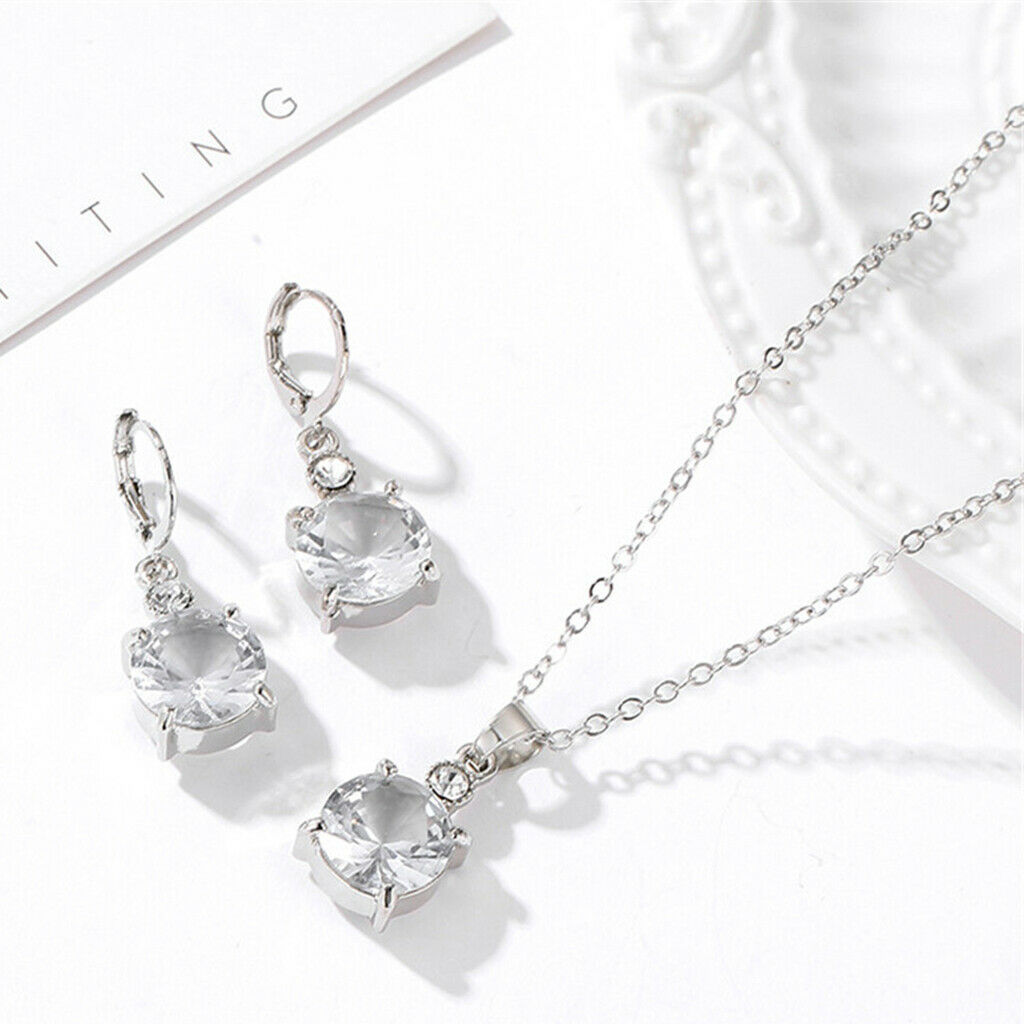 Round Zircon Crystal Bridal Pendant Necklace Earrings Jewelry Sets for Formal