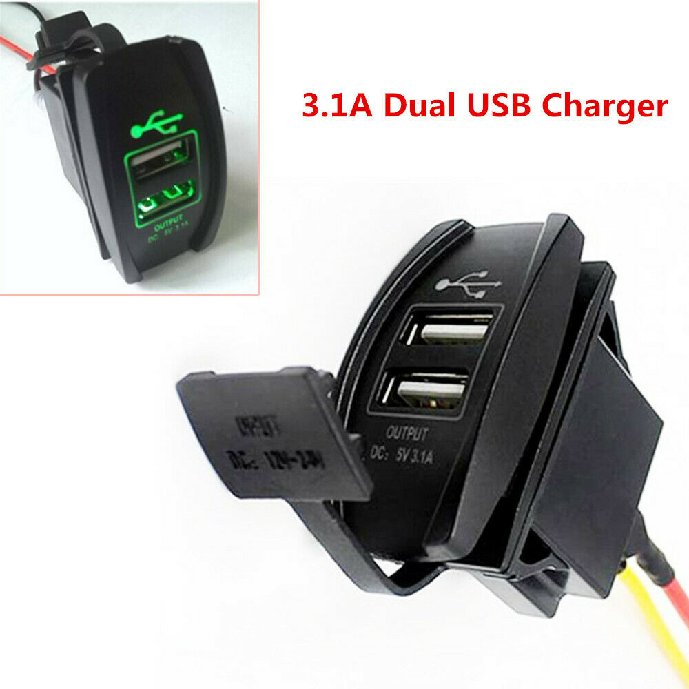 Dual USB Power Charger Toggle Rocker Switch Green LED Light Waterproof Car Boat