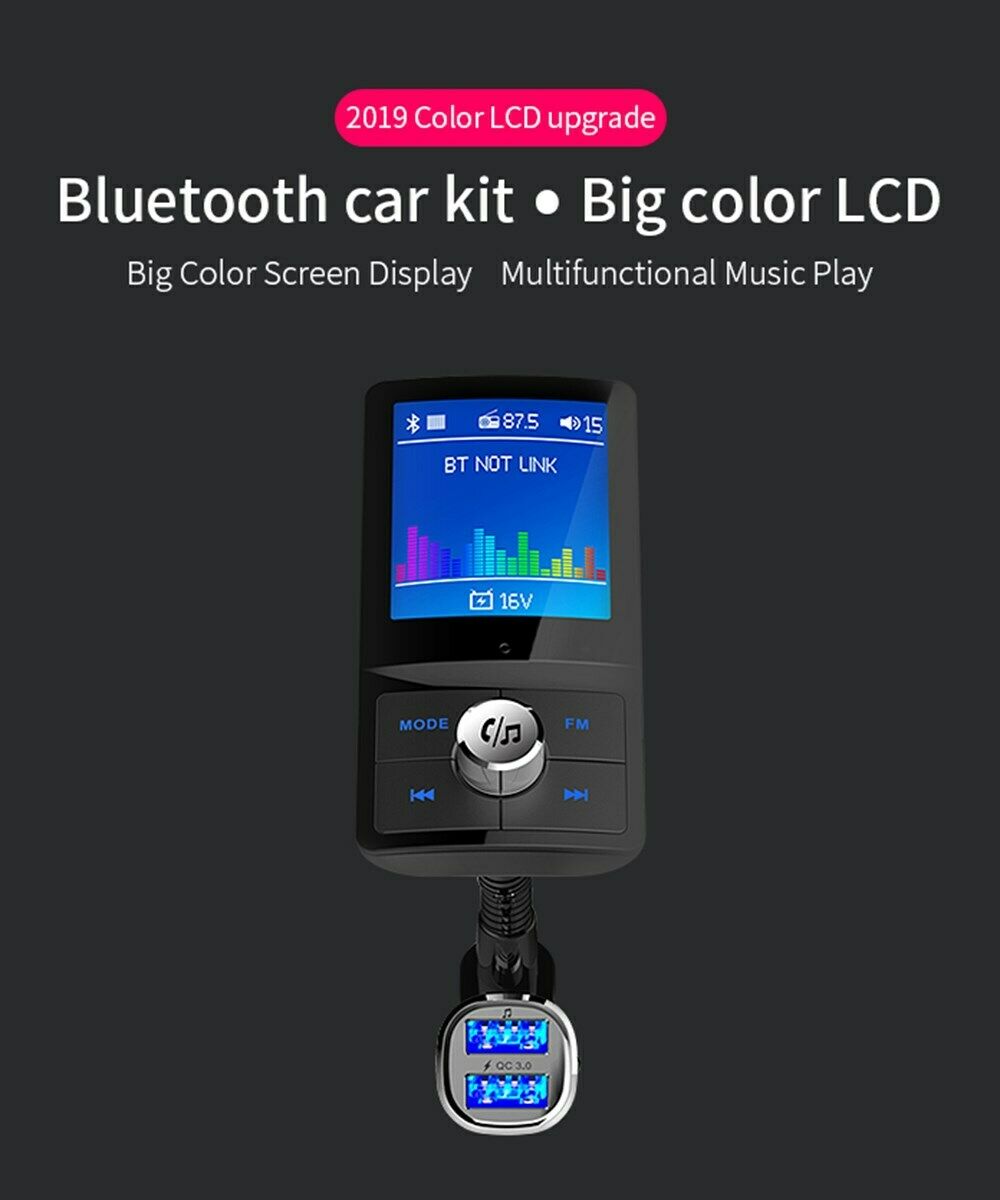 1.8Inch FM Transmitter Bluetooth Receiver Car Wireless MP3 Audio Adapter 2USB CA