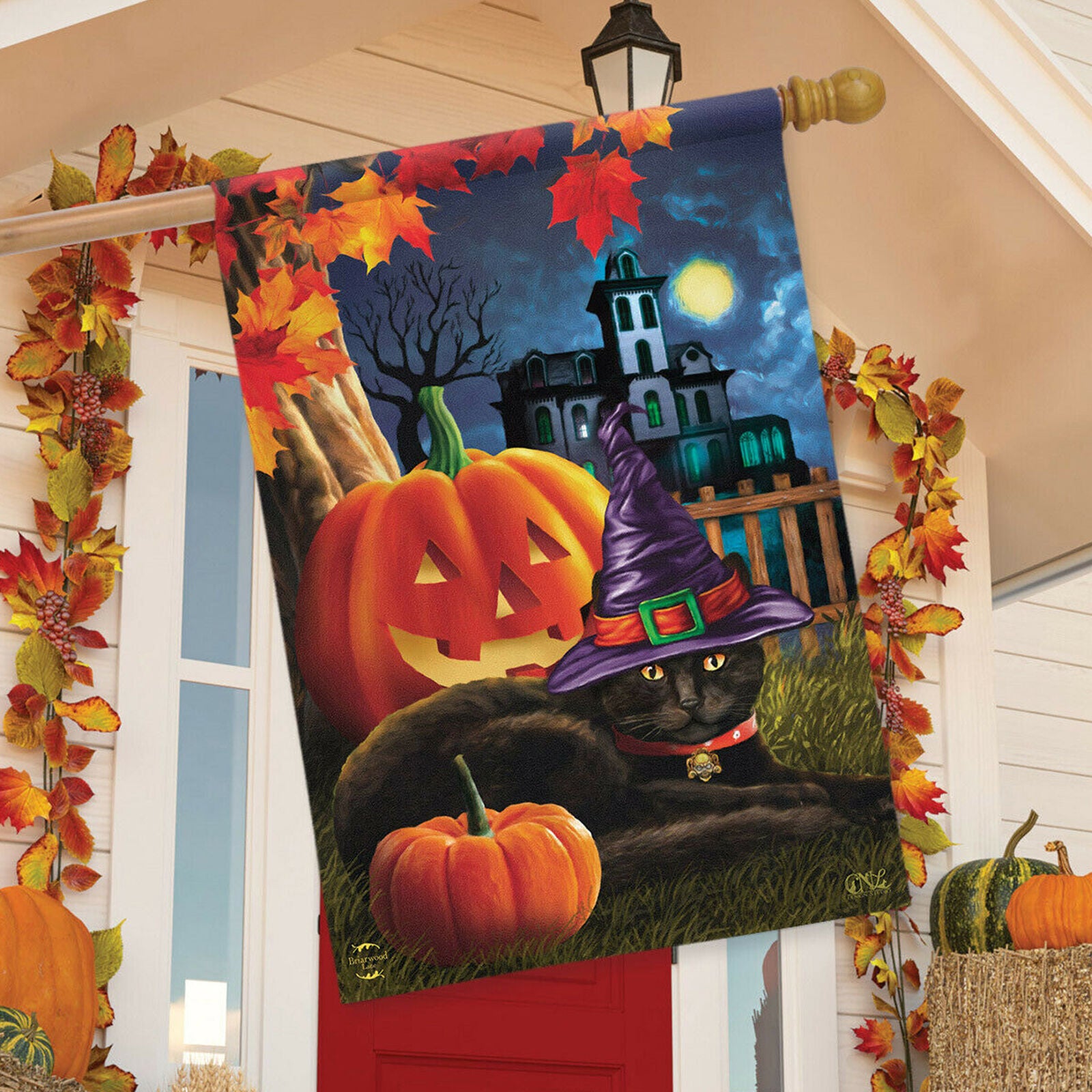 Black Cat Halloween House Flag Jack O'Lantern Spooky 28" x 40" Briarwood Lane