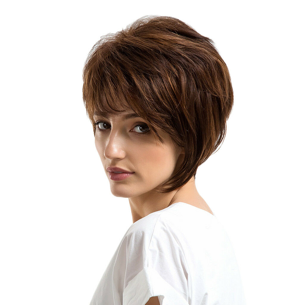 Short Human Hair Wig Deep Brown Color Layered Curly Wig Daily Party Heat OK