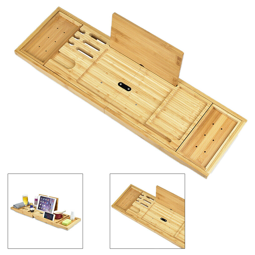Extendable Bath Tub Caddy Wooden Bathtub Tray Shelf Organizer w Book Stand