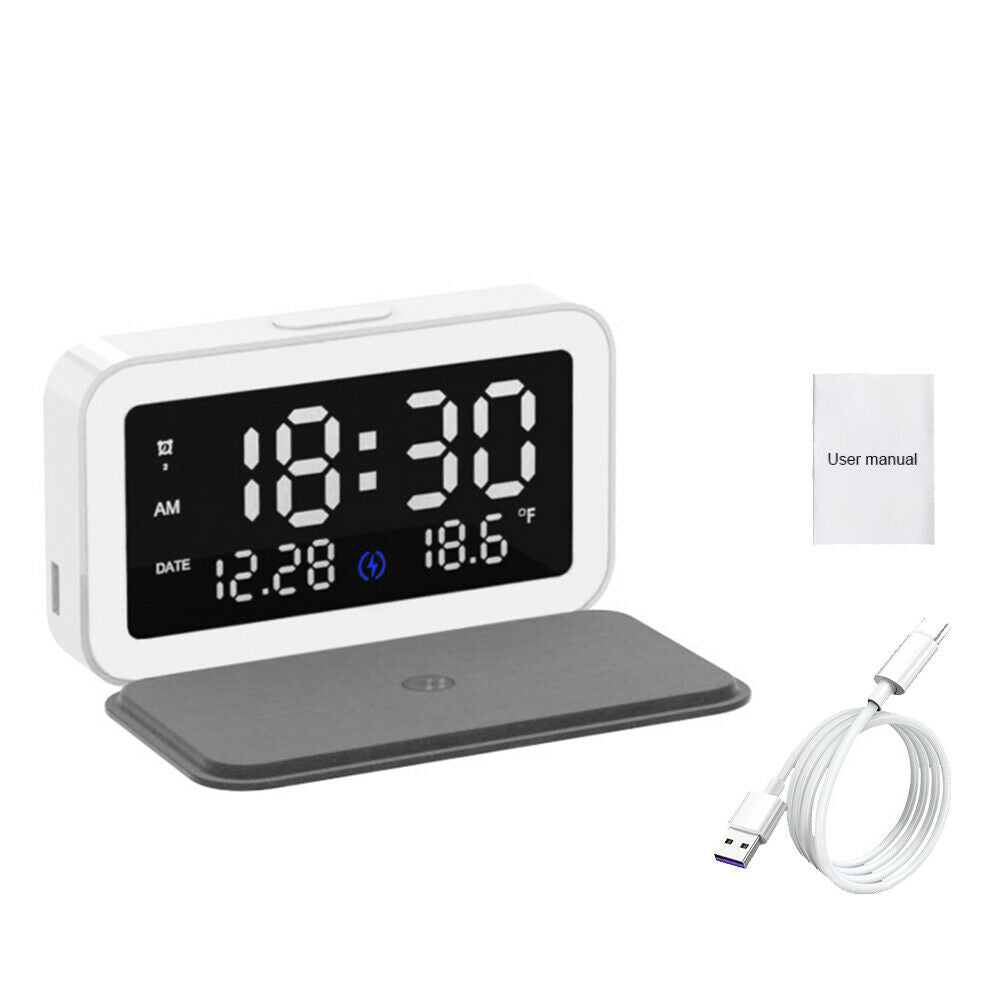 Digital LED Electric Alarm Clock With Phone Wireless Charger Thermometer Table