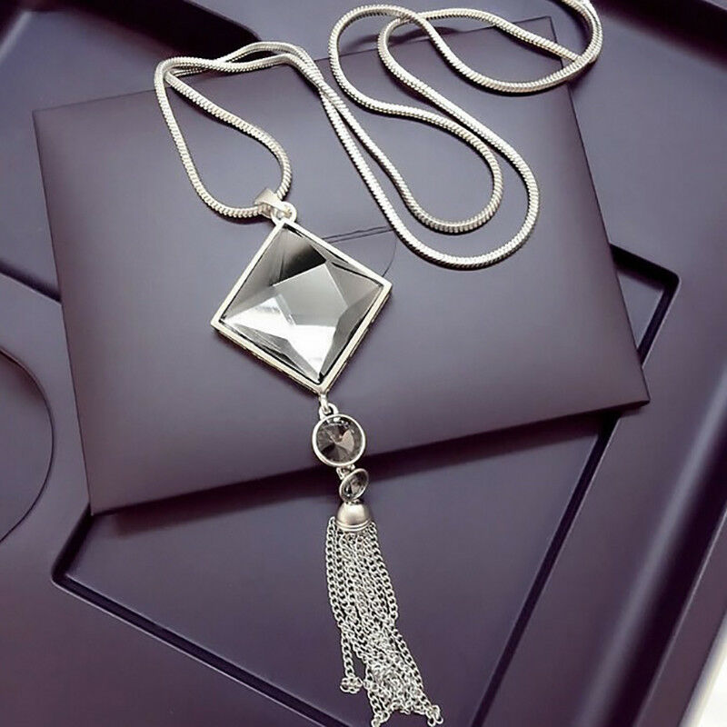 New Pendant Necklace Square Big Drop Crystal Long Chain Sweater Tassel For Women
