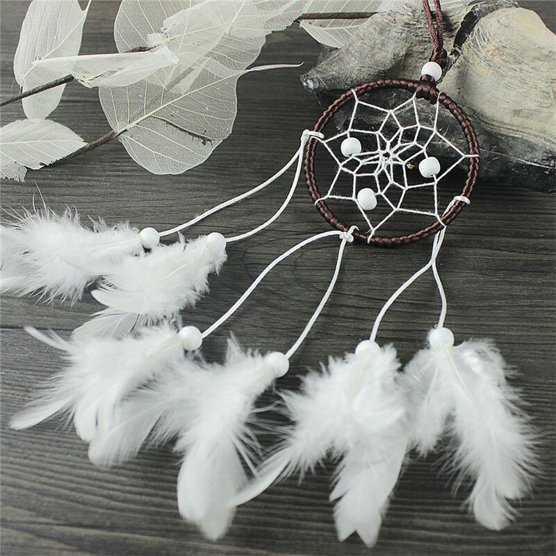 Dream Catcher With White Feather Beads Wall Hanging Decor Craft Car Ornam.l8