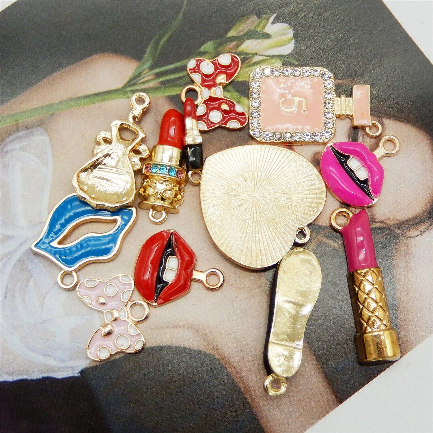 12pcs Alloy Enamel Cosmetic Lipstick Kiss Bag Pendant Charms DIY Accessories