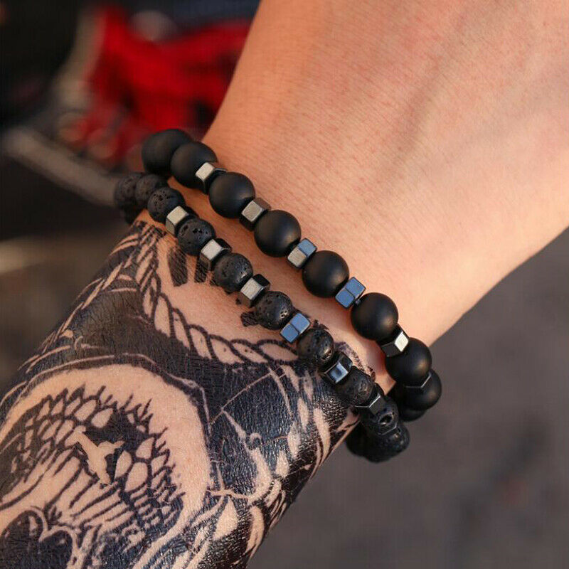 2Pcs/Set Natural Lava Stone Rock Volcanic Beads Elastic Bracelet Men Jewe.l8