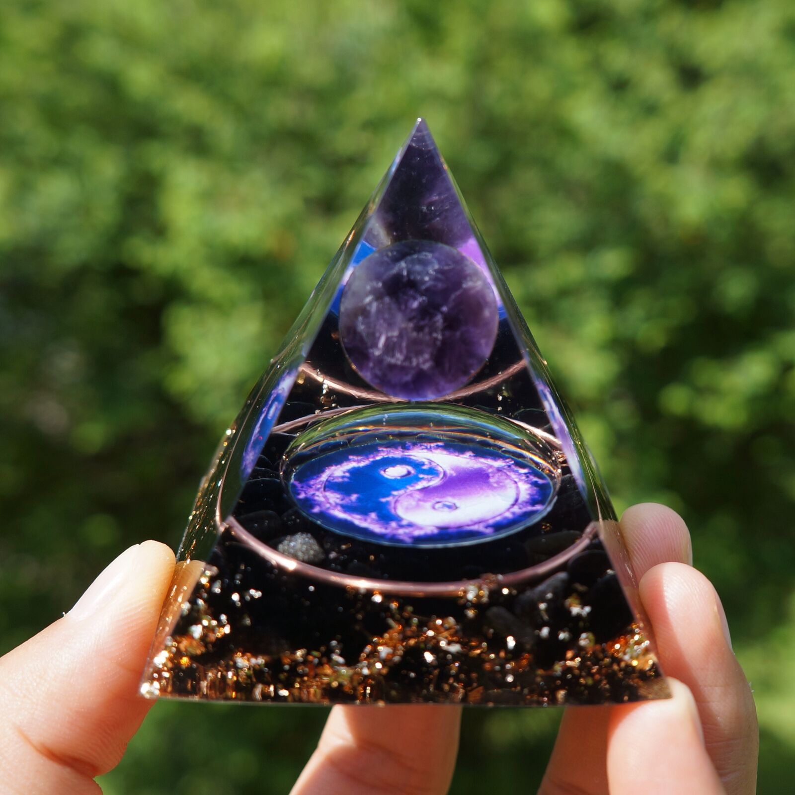 Amethyst Crystal Sphere Orgonite Pyramid with Obsidian Chakra Energy Orgone-US