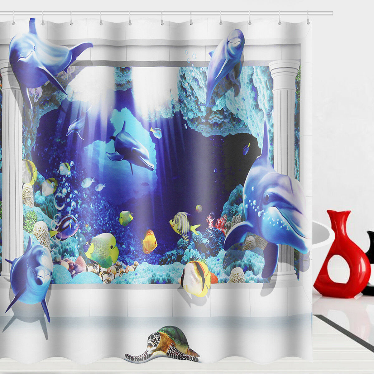Dolphin Deep Sea Underwater Waterproof Polyester Shower Curtain Hooks 71''x71"