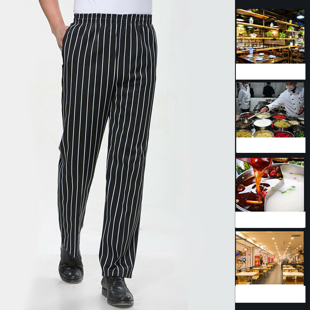 2X Elastic Restaurant Cafe Chef Waiter Pants Trousers Uniform Accs Striped XXL
