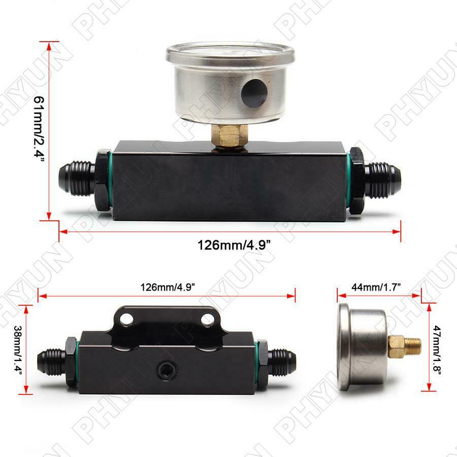 Universal Inline 6 AN AN6 Fuel Filter w/ 1 / 8 NPT Pressure Gauge Black Billet