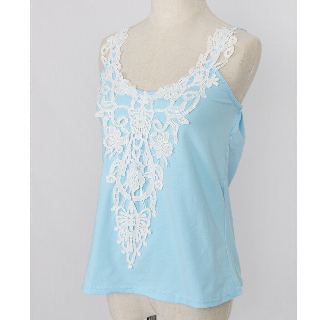 Fashion Ladies Summer Lace Vest Top Sleeveless Blouse Casual Shirt M Blue