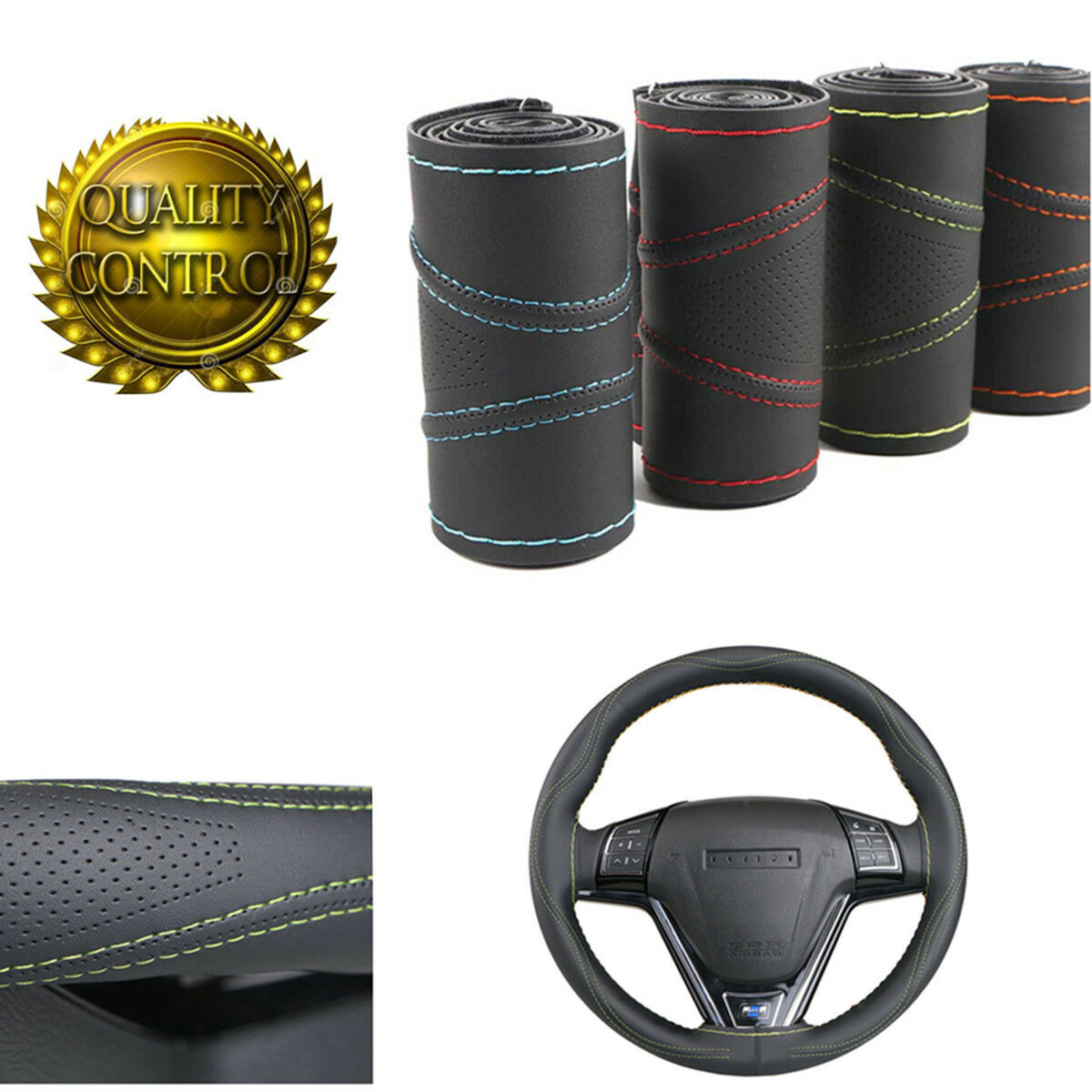 38cm Black  &Blue Suture Micro Fiber Leather Handmade Car Steering Wheel Covers