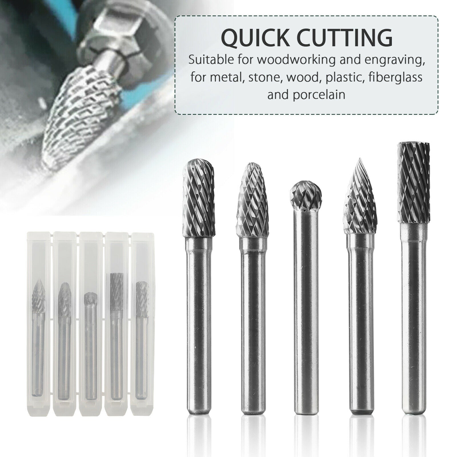 5X Electric Rotary Cutter Head Set Grinder Bit Tool Tungsten Carbide Burrs Shank