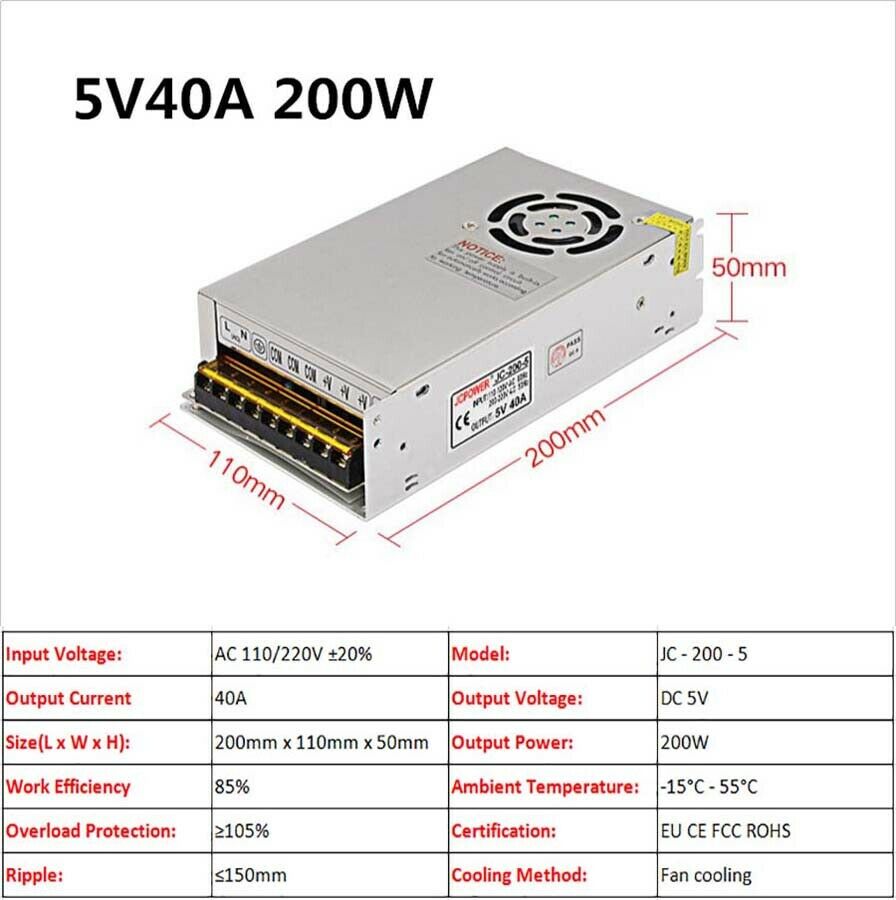 5V 40A 200W Regulated Switching Power Supply Display Screen PSU DC Built-in Fan