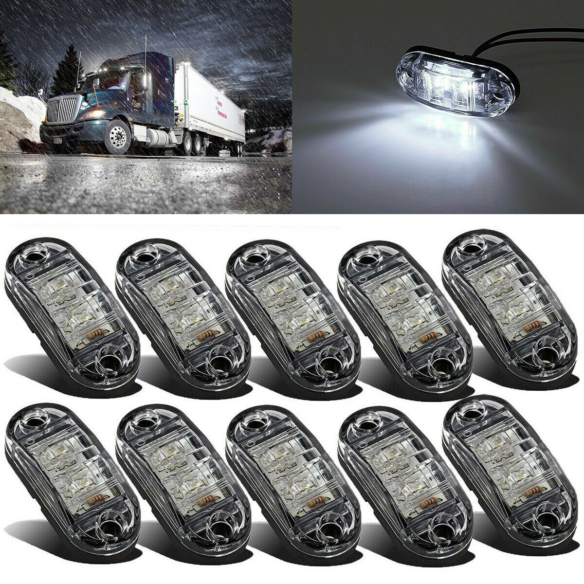 10* White 2-LED Oval Side Marker Lights Truck Trailer Clearance Light Waterproof