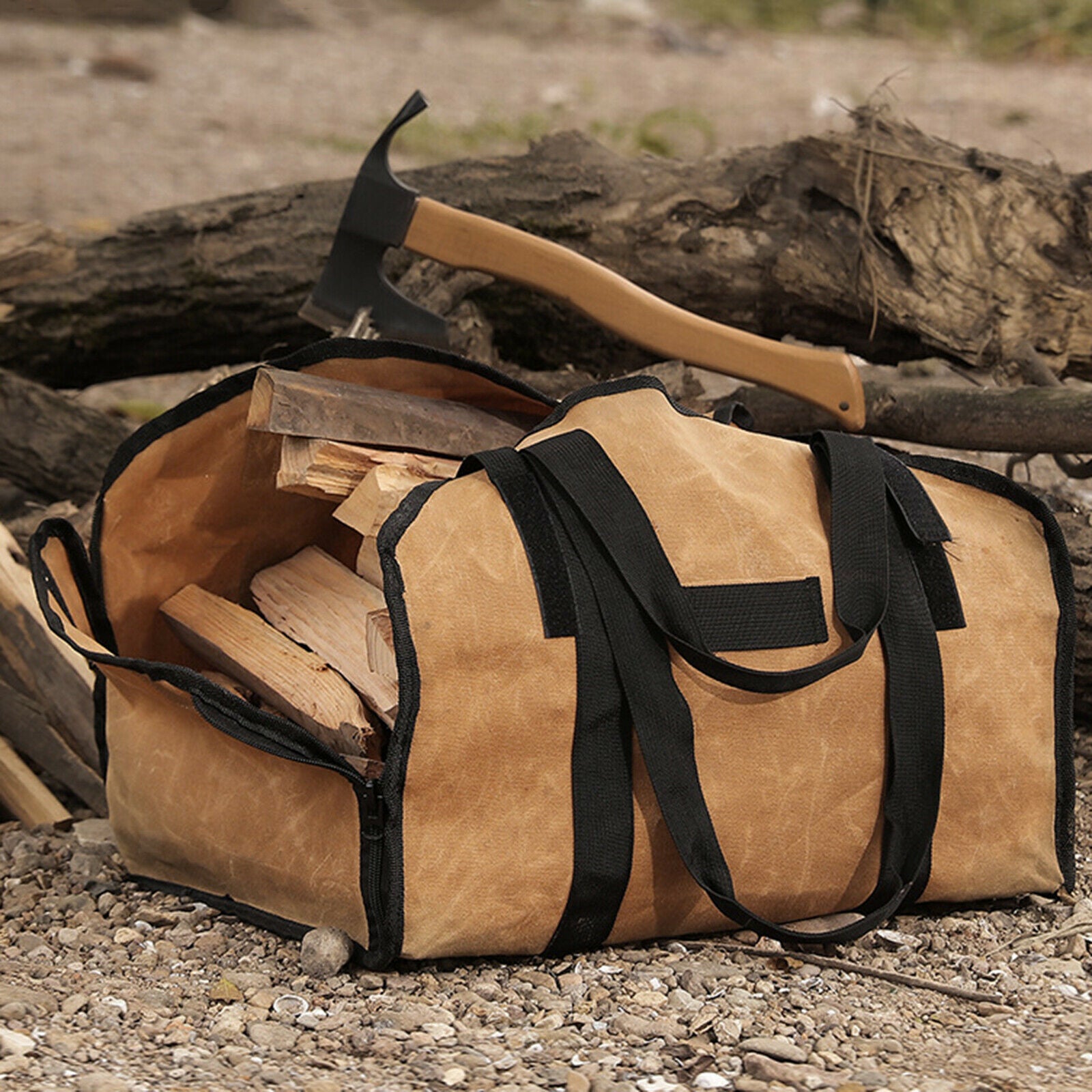 Wax Canvas Firewood Bag Indoor Log Carrier Tote Wood Holder BBQ Accessory