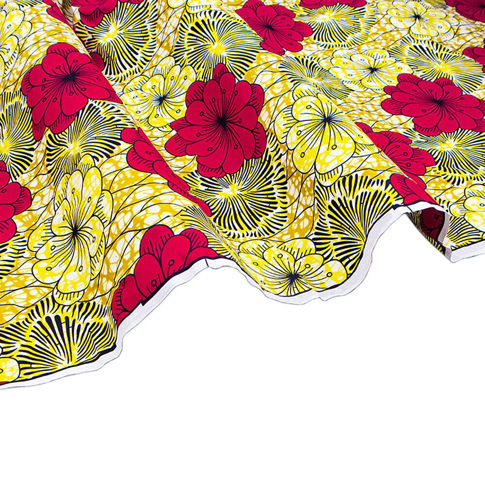 Polyester African Wax Printing Fabric Yellow Red Flower DIY Sewing Craft Supply