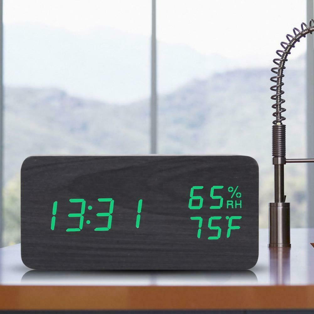 LED Wooden Alarm Clock Voice Control Digital Electronic Desktop Clock Decor @