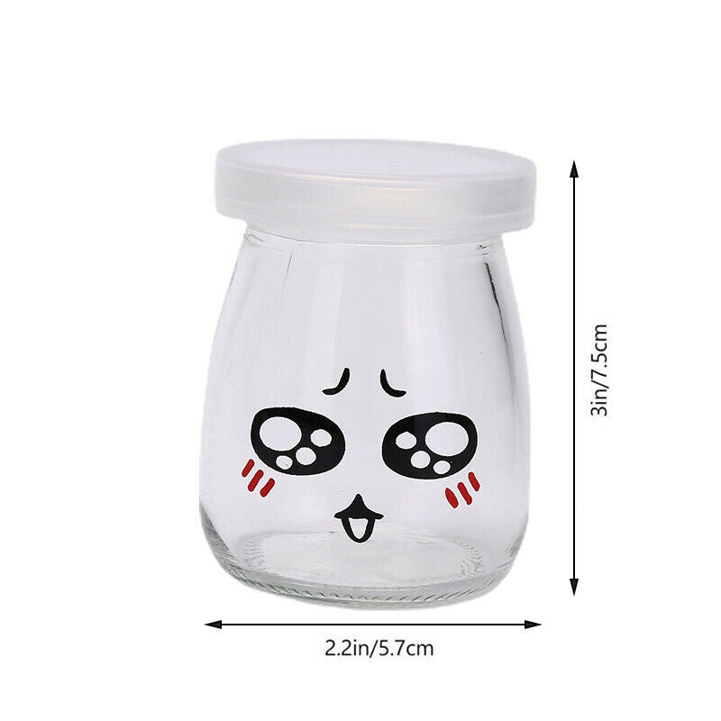 6PCS Pudding Bottles Cute Face Heat-resistant Glass Jelly Yogurt Jar Contain KX