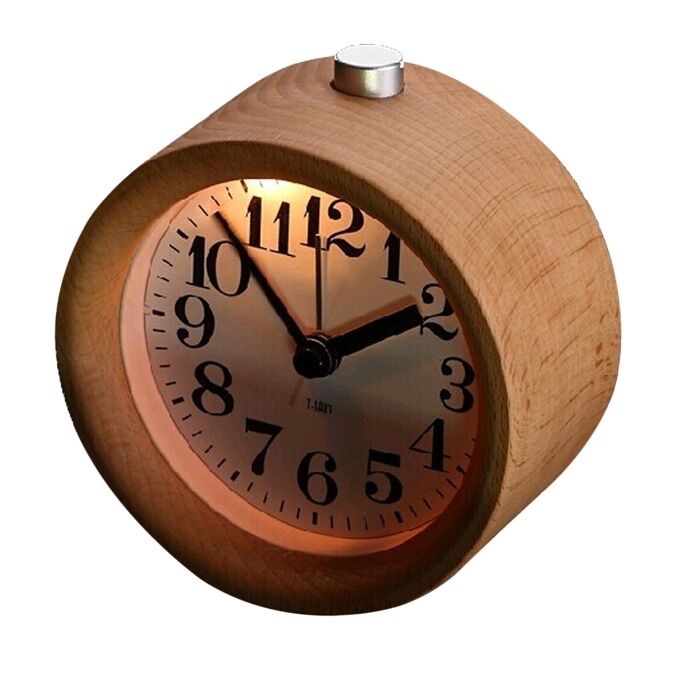Classic Round Table Snooze Desk Beech Wood Alarm Clock Backlight Timer Digital