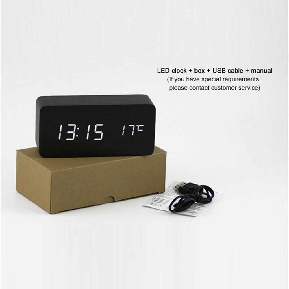 Digital LED Desk Table Alarm Clock Wooden Temperature Alarm Modern Home Decor