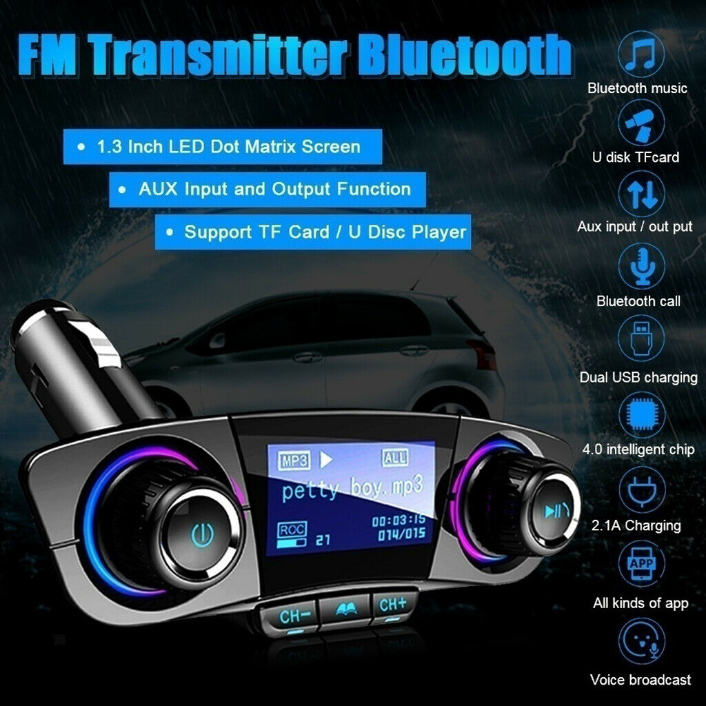 Black In-car Bluetooth FM Transmitter Adapter Dual USB Charger Audio Speaker