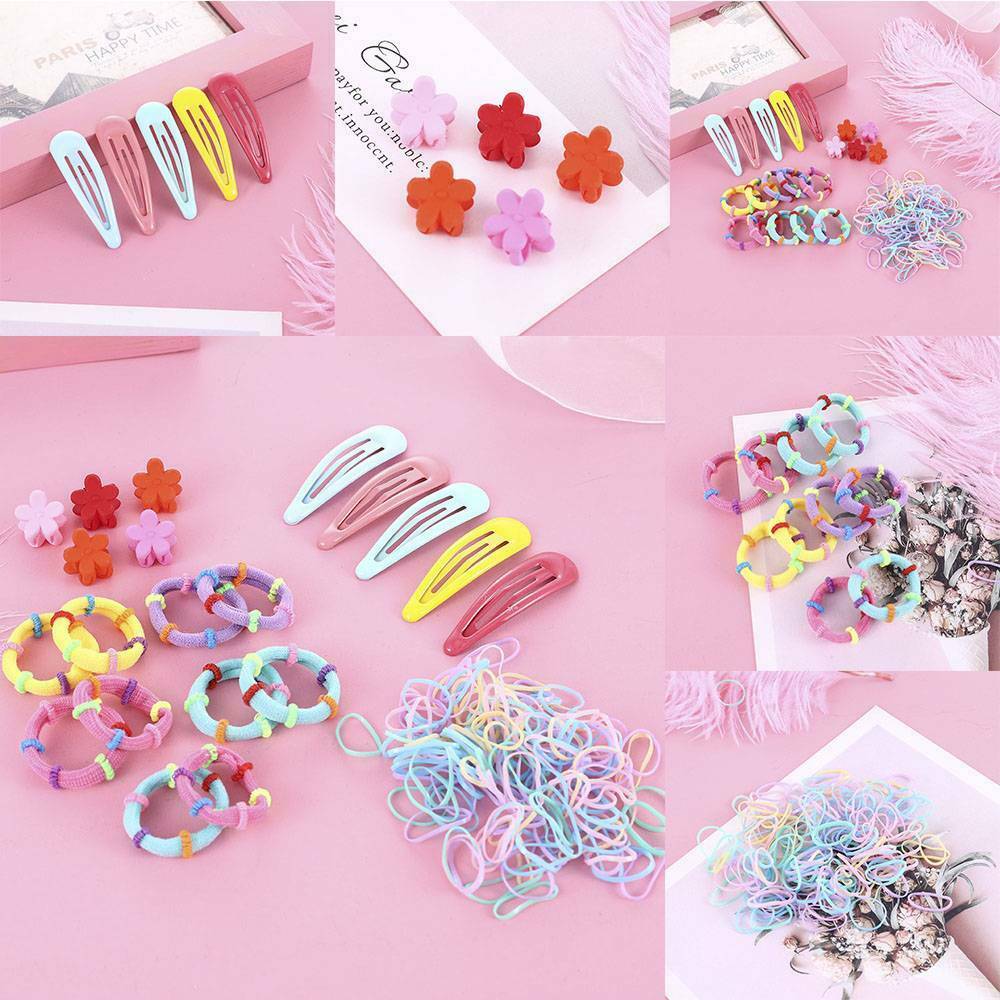 Full Set 220Pcs Candy Colors Girls Kids Hair Clips Rope Ponytail Holder Hairclip