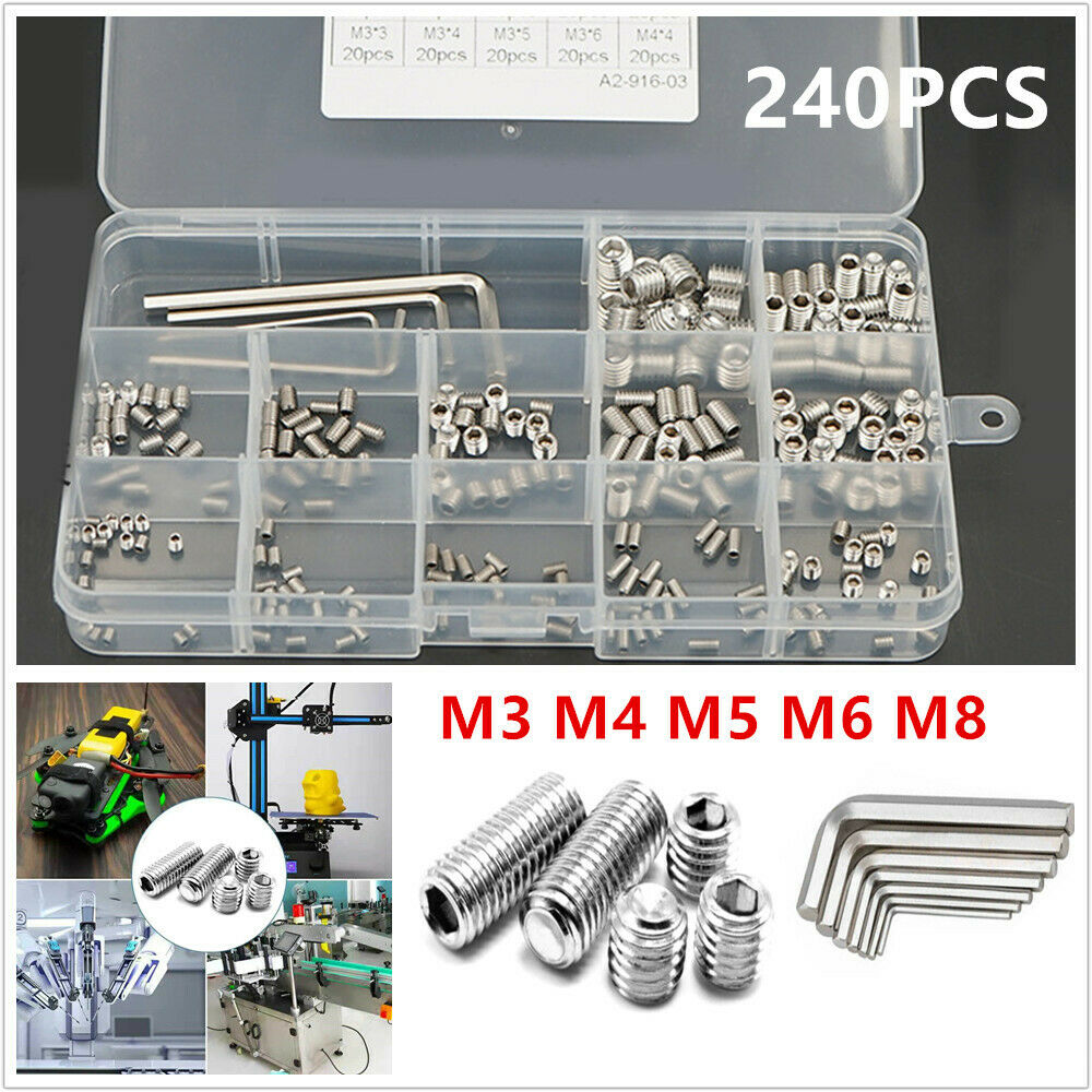 240pcs M3 M4 M5 M6M8 Stainless Steel Allen Head Socket Hex Grub Screw Wrench Set