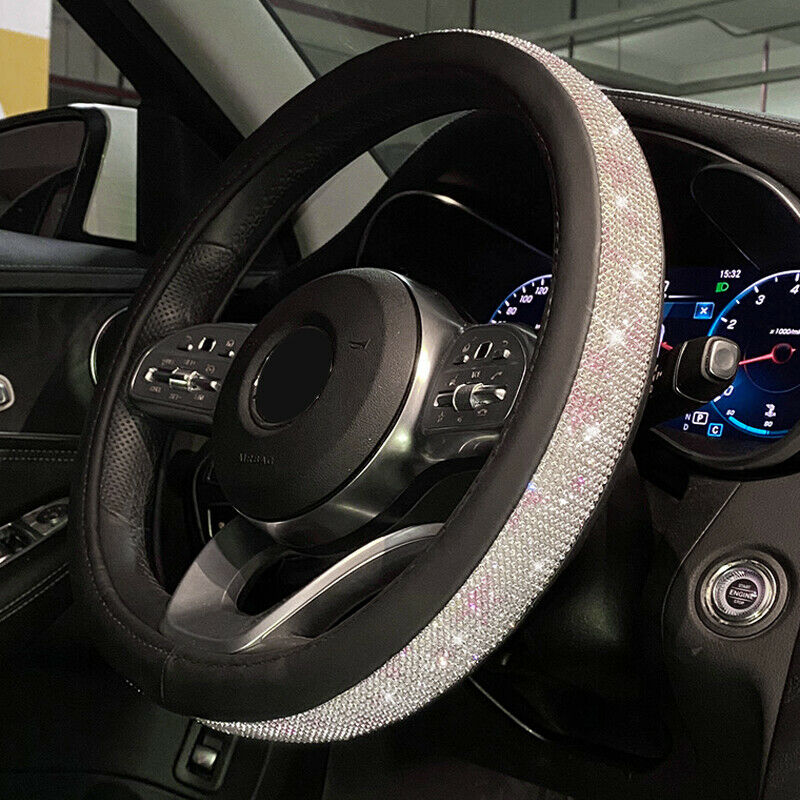 15" Car Steering Wheel Cover Rhinestone Shine Bling PU Leather Nonslip Universal