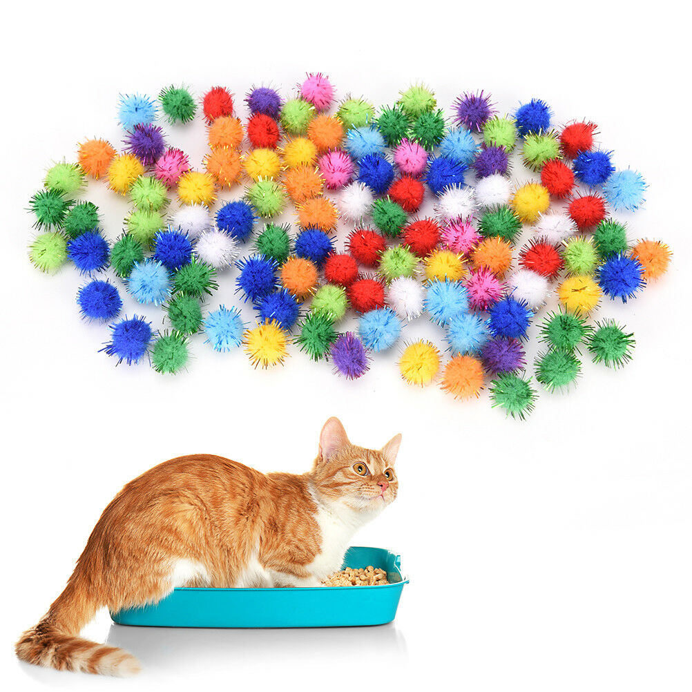 100X glitter tinsel pompom balls small pompoms ball cat puppy toys pet sup.l8