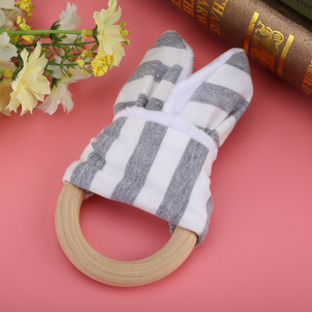 Safety 6 Months Baby Wooden Rabbit Bunny Ear Teething Ring Chew Teether