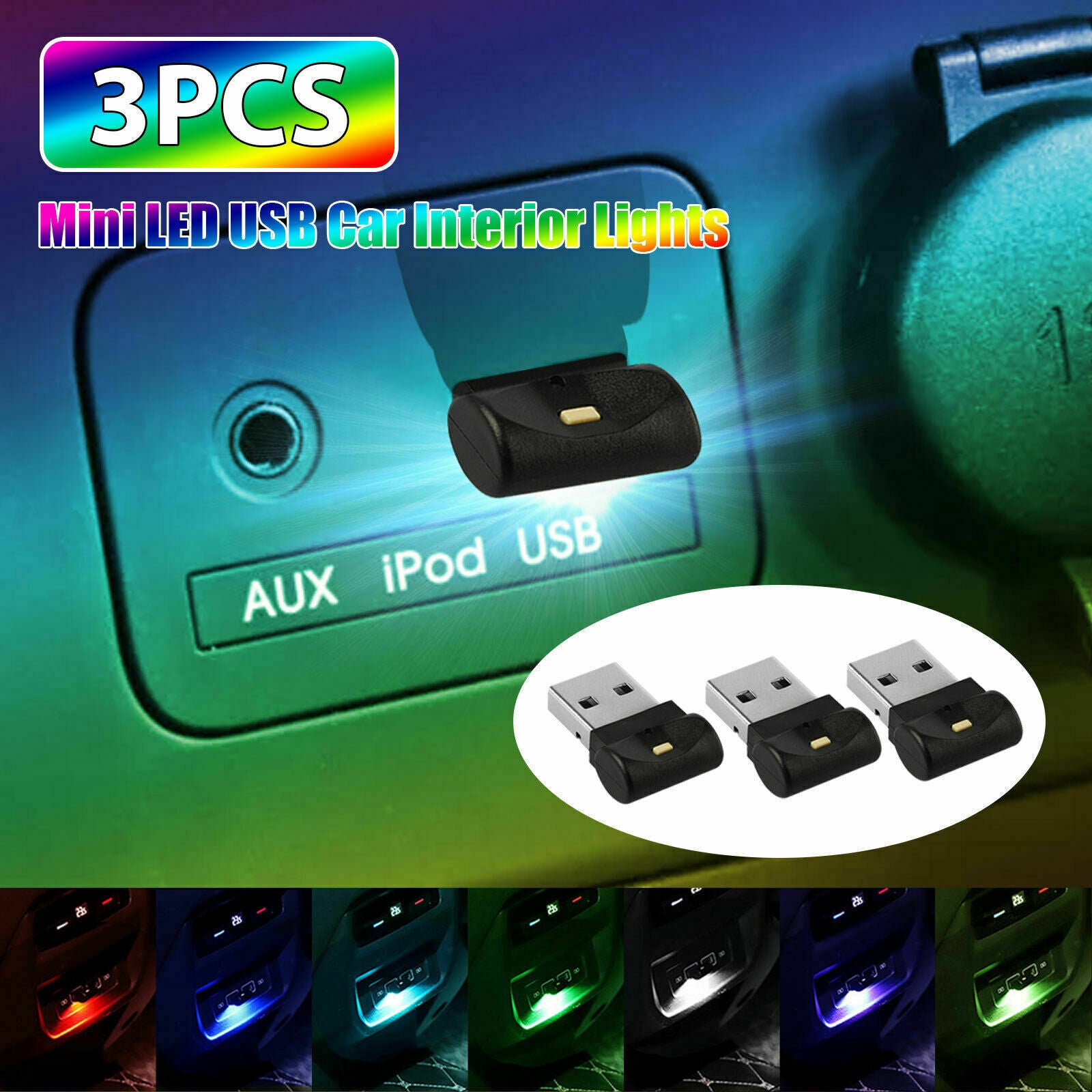 3x Mini USB RGB LED Car Interior Light Touch Key Neon Atmosphere Ambient Lamps