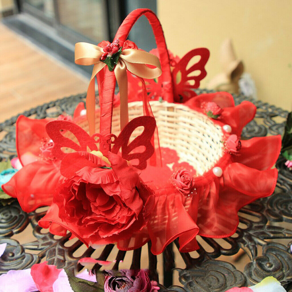 Flower Girl Basket for Wedding Decoration, Handle with Lace Ribbon and Floral