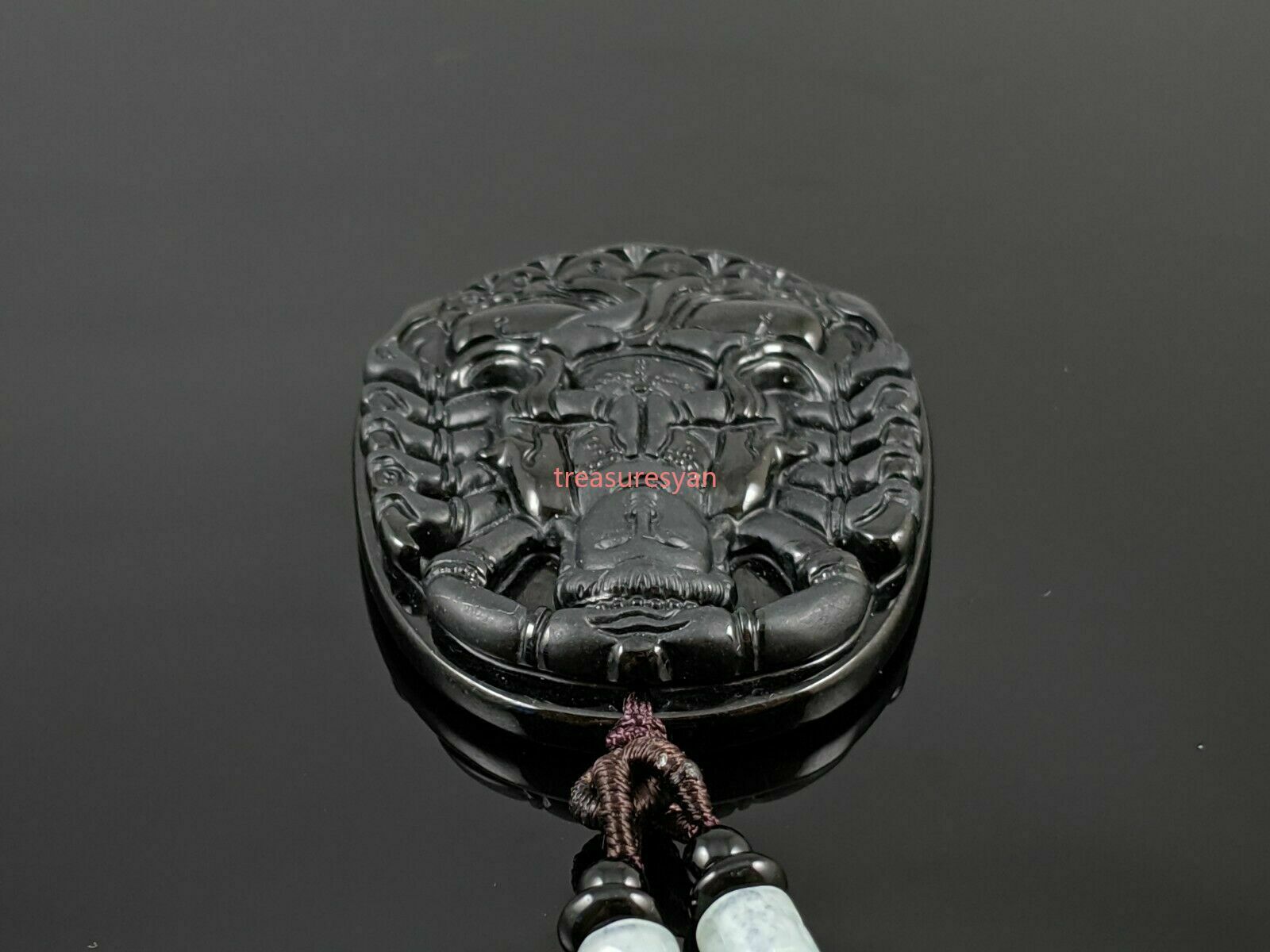 Natural Burmese Grade A Black Jadeite Jade Guan Yin Pendant with Woven Necklace