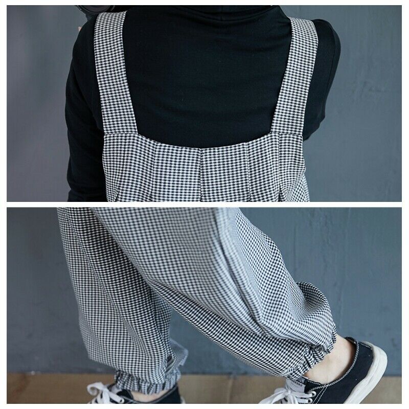Womens Plaid Baggy Dungarees Overalls Jumpsuit Pockets Loose Romper Pants Casual