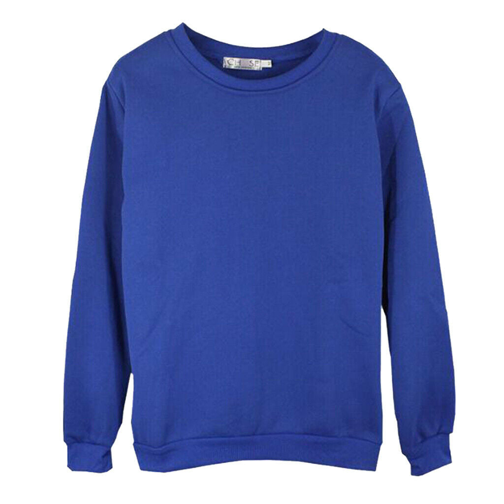 Blue Solid Round Neck Long Sleeve Fleece Sweatshirts Unisex Loose Top 4XL