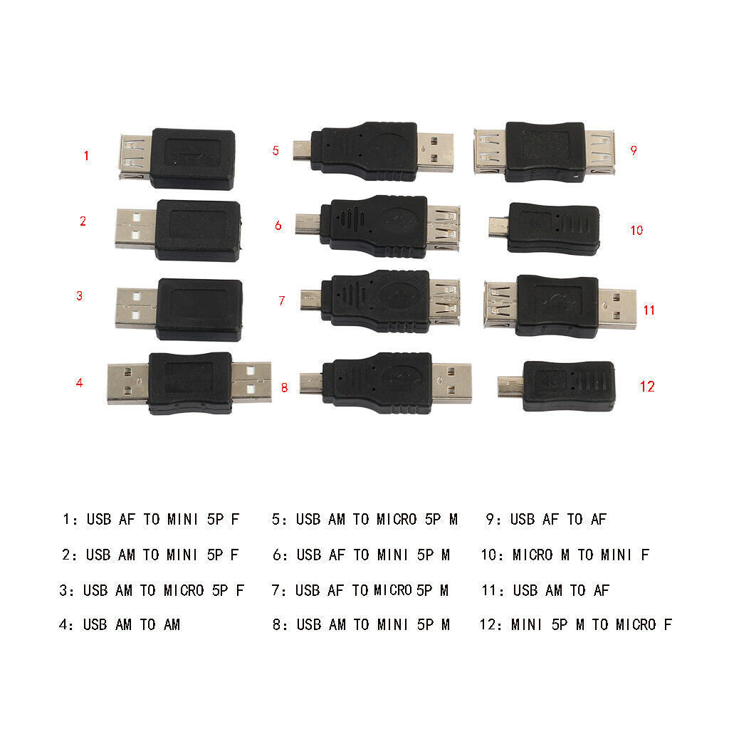12Pcs/Set Android Phone Mini 5Pin ,USB Micro , USB 2.0 OTG Converter Adapter