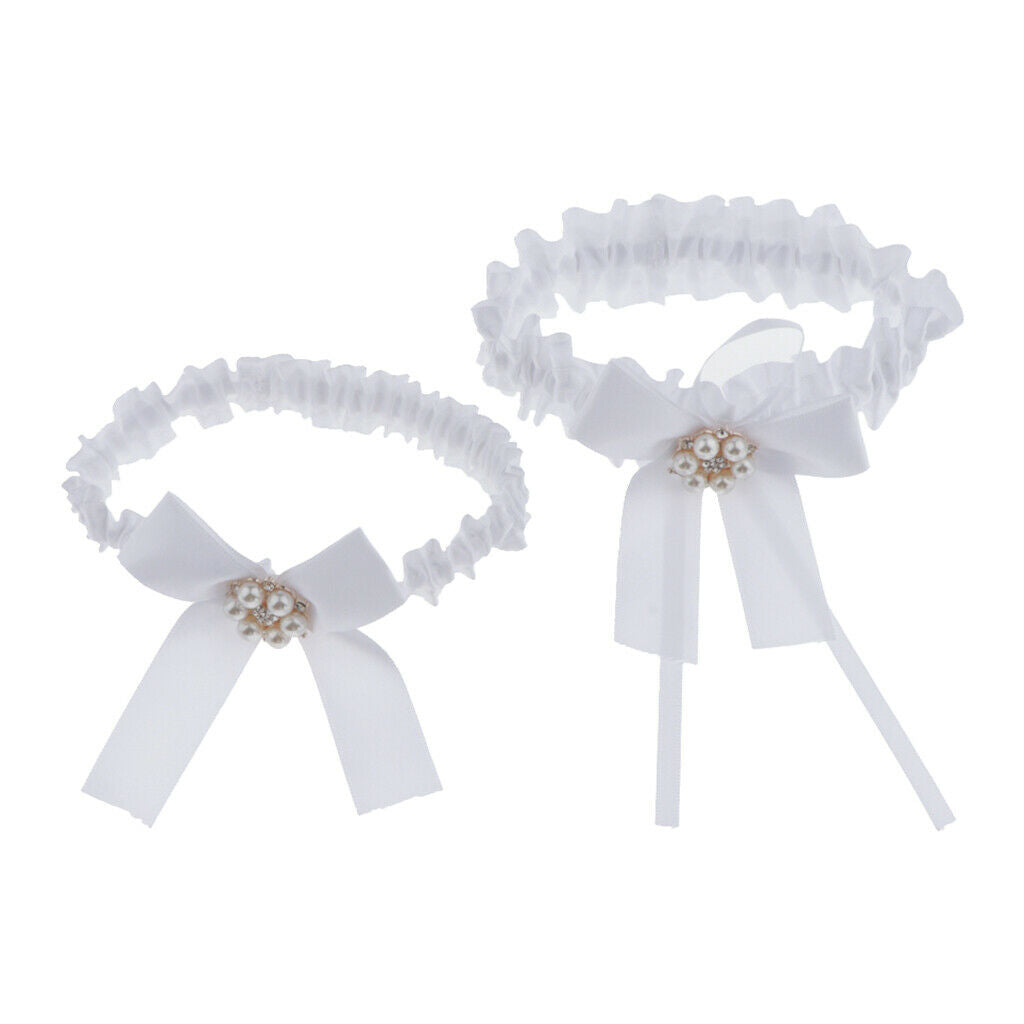 of 2 Women Crystal Leg Garter Belt Bowknot Thigh Strap Prom Costumes White