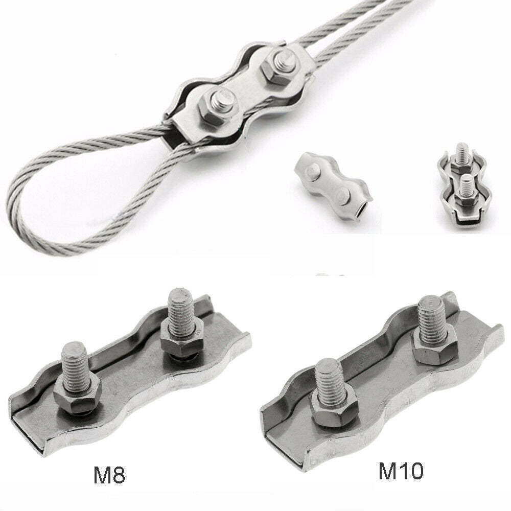 304 Stainless Steel Duplex Wire Clip 2-Post Bolt Rope Cable Clamp M8