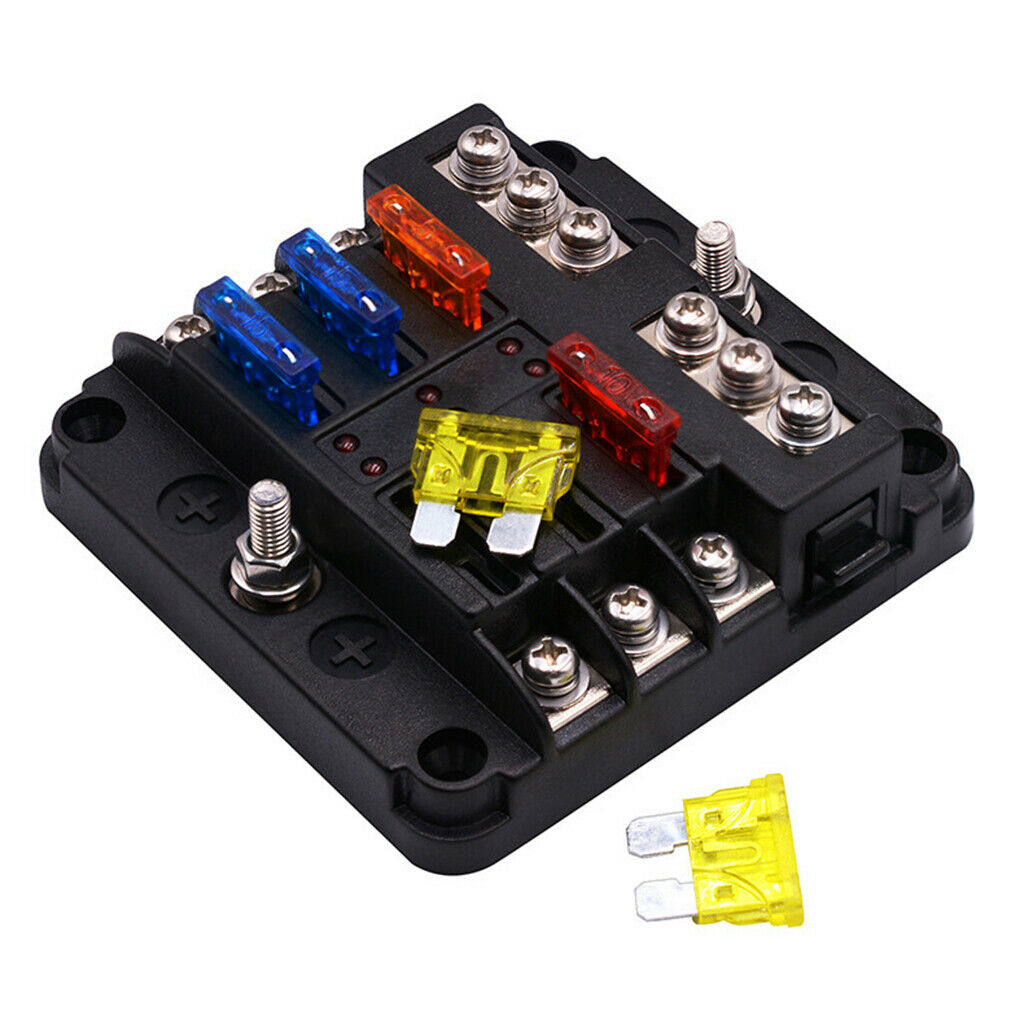 6-Way Fuse Box Blade Fuse Block Holder 5A 10A 15A 20A Free Fuses LED Indicator