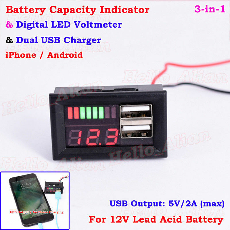 12V Lead Acid Battery BMS Capacity Level Indicator Volt Meter Dual USB Charger L