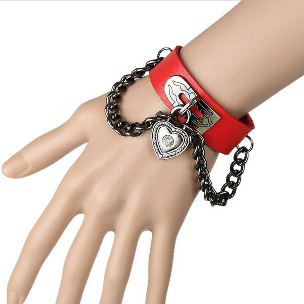 Punk Rock PU Leather Bracelet Wide Rock Metal Chain Wristband Cuff Red